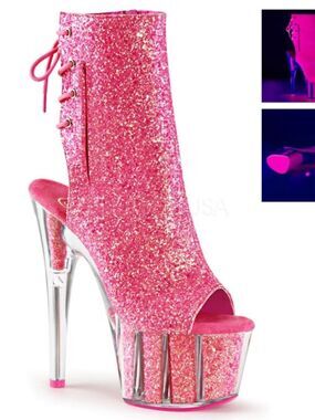 Pleaser Adore Pink Glitter Platform Peep-Toe Ankle Heel 8